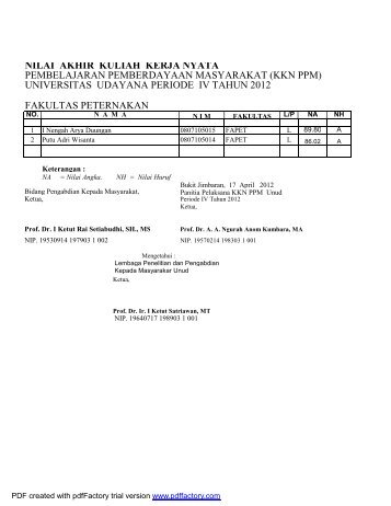 Daftar Nilai KKN-PPM Periode IV Tahun 2012 - Lembaga Penelitian ...