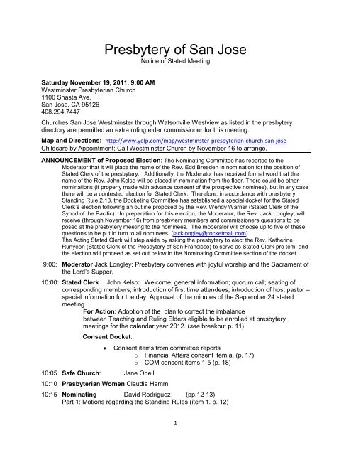 Docket - Presbytery of San Jose