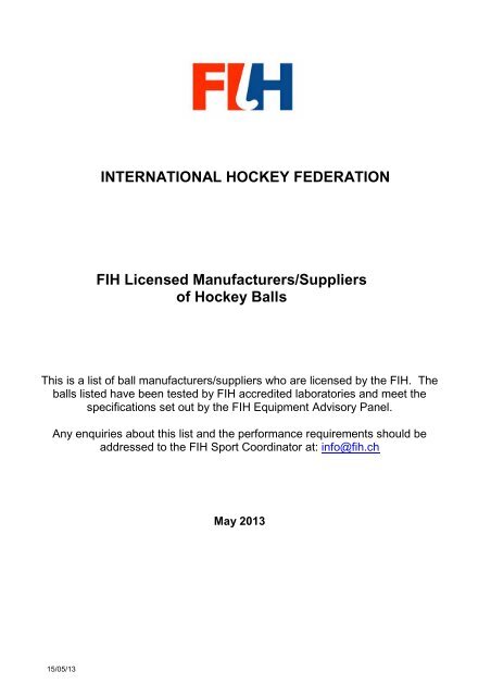 FIH Licensed Manufacturers/Suppliers of Hockey Ball - International ...