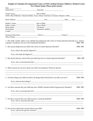 Intake Form 10.09 - SSM Cardinal Glennon Children's Medical Center