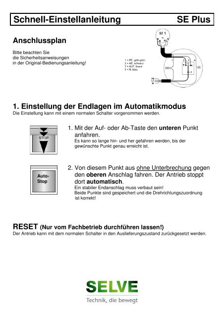 Schnell-Einstellanleitung SE Plus - Selve