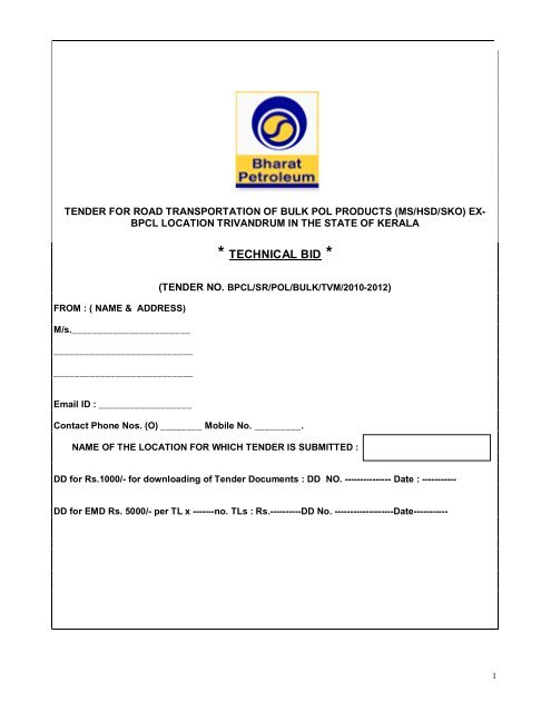 Tender For Road Transportation Of Bulk Pol Products Bharat Petroleum