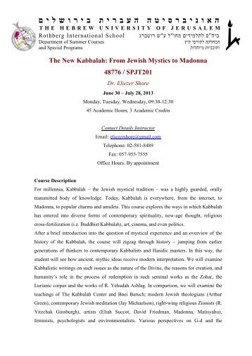Syllabus The New Kabbalah From Jewish Mystics to Madonna 2013