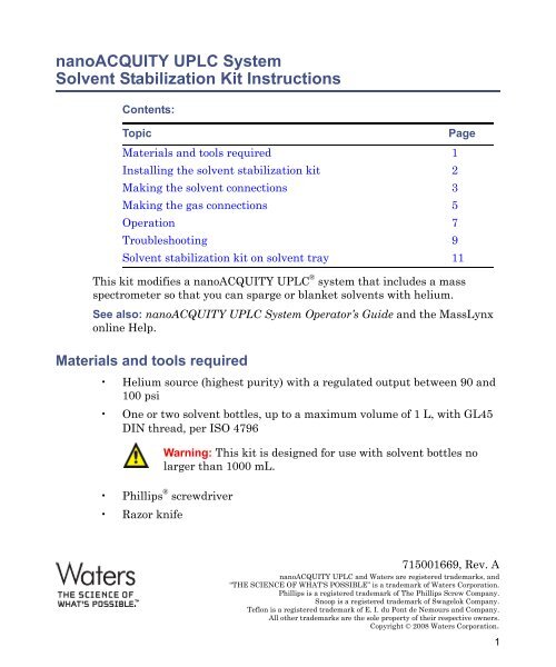 nanoACQUITY UPLC System Solvent Stabilization Kit ... - Waters