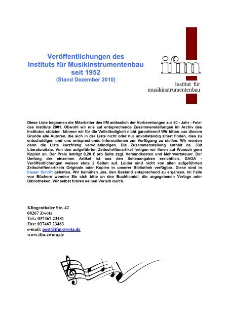 Veröffentlichungen des Instituts für Musikinstrumentenbau seit 1952