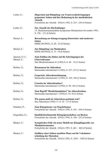 Veröffentlichungen des Instituts für Musikinstrumentenbau seit 1952