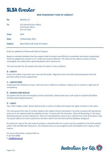 SLSA Circular: Powercraft Code of Conduct - Surf Life Saving NSW