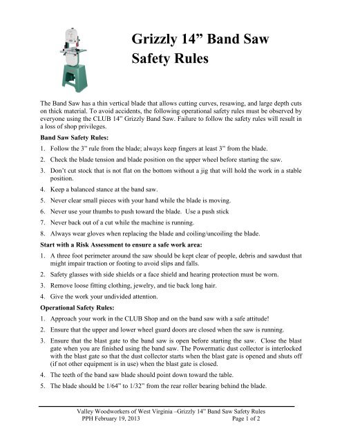 Grizzly 14â Band Saw Safety Rules - Valley Woodworkers