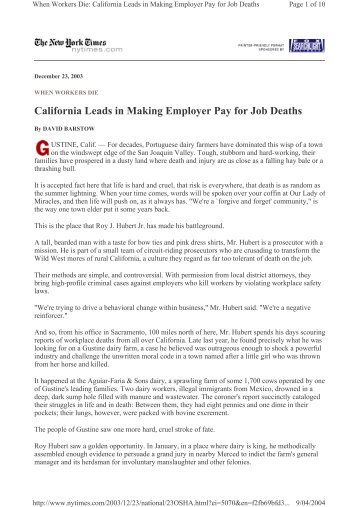 California Leads in Making Employer Pay for Job Deaths - Sicurweb