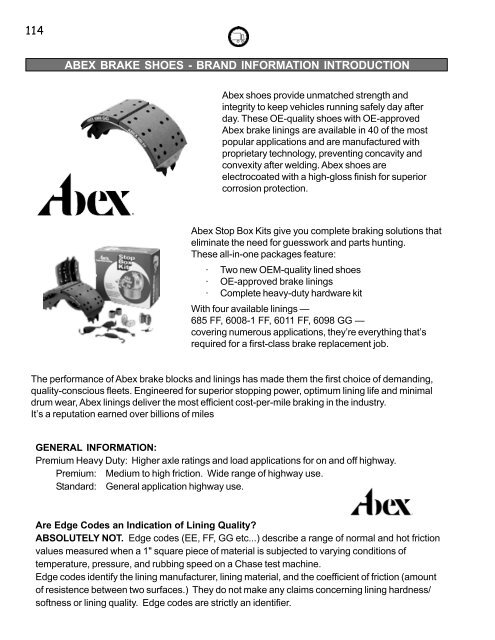 Abex Brake Lining Chart