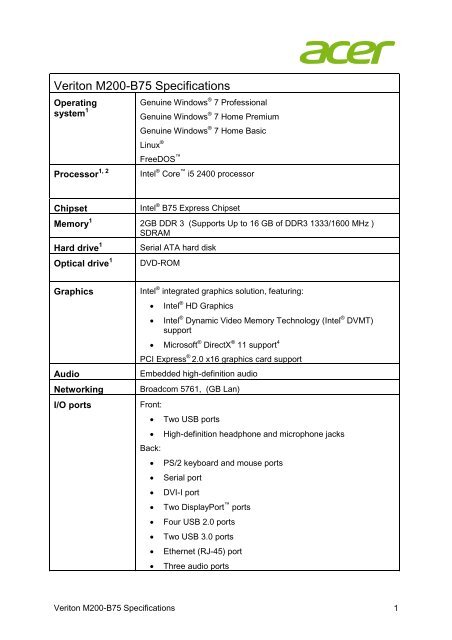 Veriton M4620 Specifications - Acer India