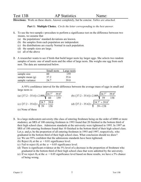13+ Ap Stats Chapter 10