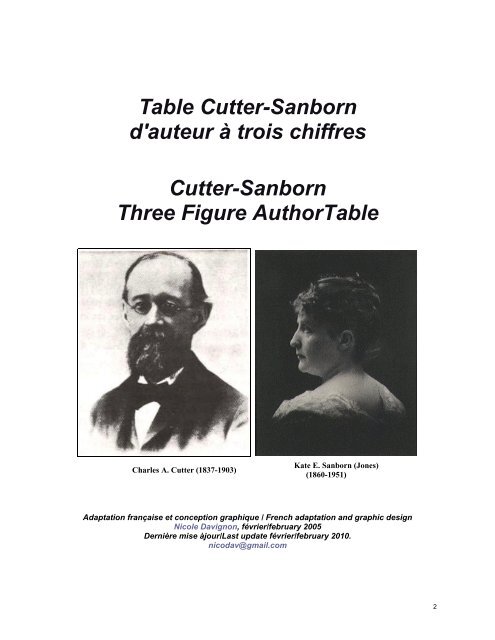 Table Cutter-Sanborn d'auteur à trois chiffres - Nicole Davignon