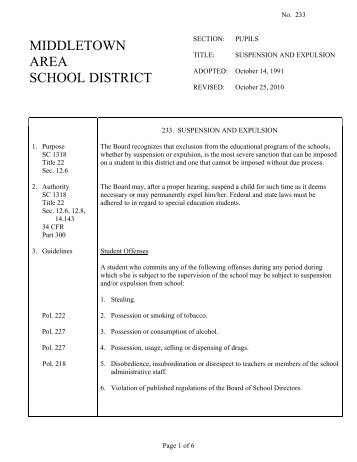 233 - Suspension And Expulsion - the Middletown Area School District
