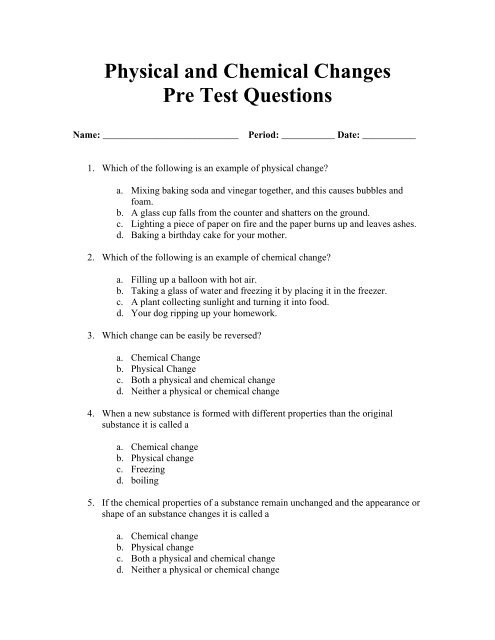 Physical and chemical changes worksheet answers