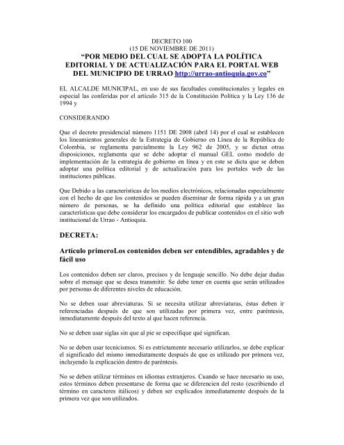 âPOR MEDIO DEL CUAL SE ADOPTA LA POLÃTICA ... - Urrao