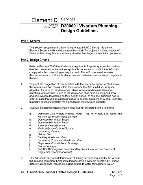 Vivarium Plumbing Design Guidelines - MD Anderson Cancer Center