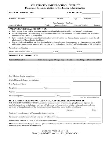 Medication Authorization Form.pdf - Culver City Unified School District