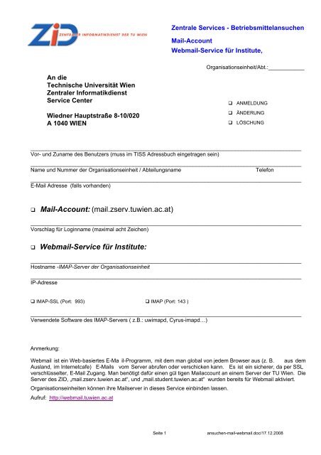 Ansuchen Mail Webmail - ZID - Technische UniversitÃƒÂ¤t Wien