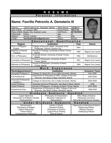 CV of Yumyum DEMETERIO - Lumina - Holy Name University