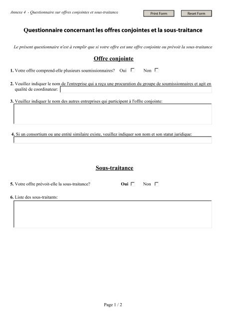 Questionnaire concernant les offres conjointes et la sous-traitance ...