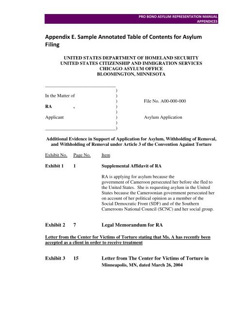 Appendix E. Sample Annotated Table of Contents for Asylum Filing