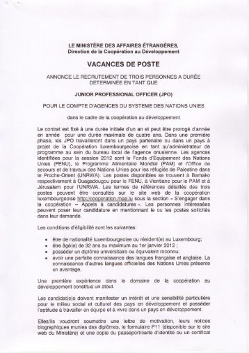 Vacances de poste pour trois Junior Professional Officers (JPO)