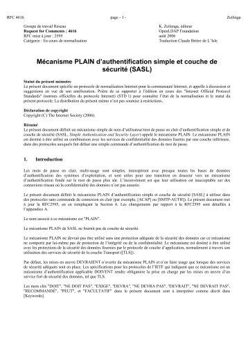 Mécanisme PLAIN d'authentification simple et couche de ... - RFC