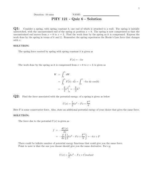 PHY 121 - Quiz 6 - Solution