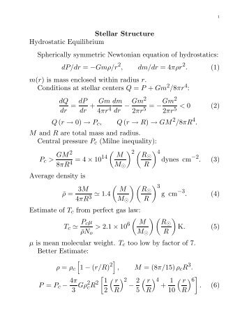 Stellar Structure Hydrostatic Equilibrium Spherically symmetric ...