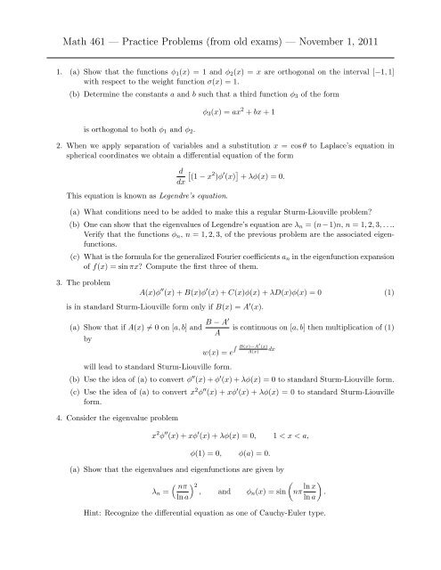 Math 461 A Practice Problems From Old Exams A November 1 11