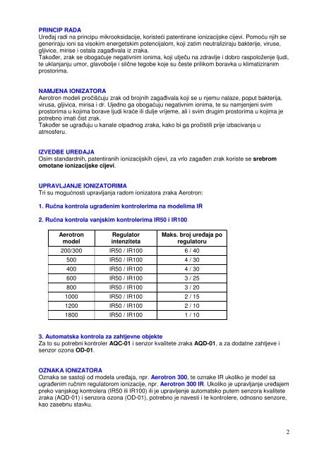 KANALNI IONIZATORI ZRAKA Bioclimatic Aerotron UPUTE ZA ...