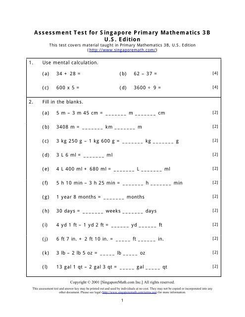 Assessment Test for Singapore Primary ... - Singapore Math