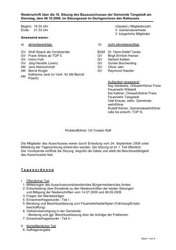 Protokoll der 16. Sitzung des Bauauschusses ... - Gemeinde Tangstedt