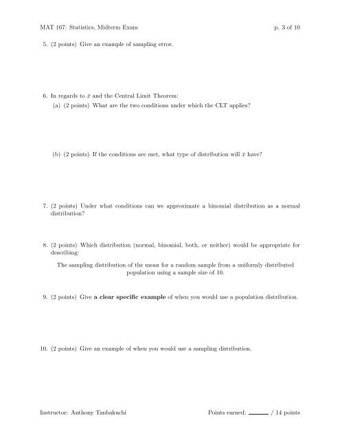 MAT 167: Statistics Midterm Exam Instructor: Anthony Tanbakuchi ...