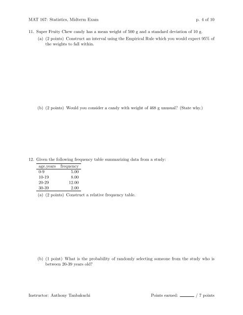 MAT 167: Statistics Midterm Exam Instructor: Anthony Tanbakuchi ...