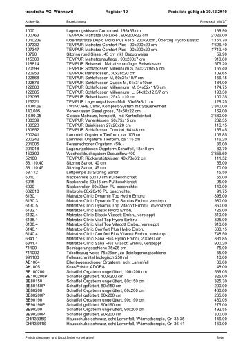 Preisliste für Katalog