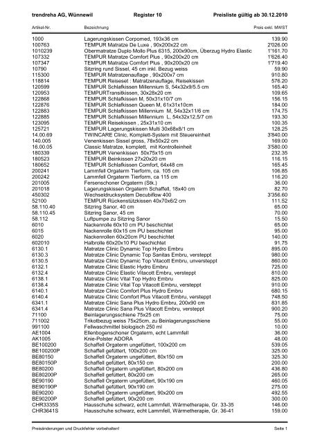 Preisliste für Katalog