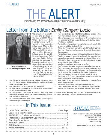 Letter from the Editor: Emily (Singer) Lucio In This Issue: