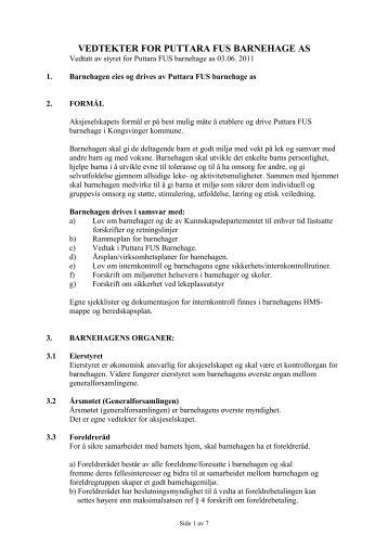 Vedtekter Puttara FUS barnehage, [171kb, pdf] - Kongsvinger ...