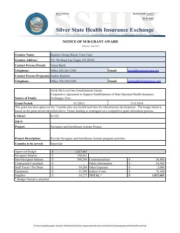 Subgrant Agreement - Silver State Health Insurance Exchange