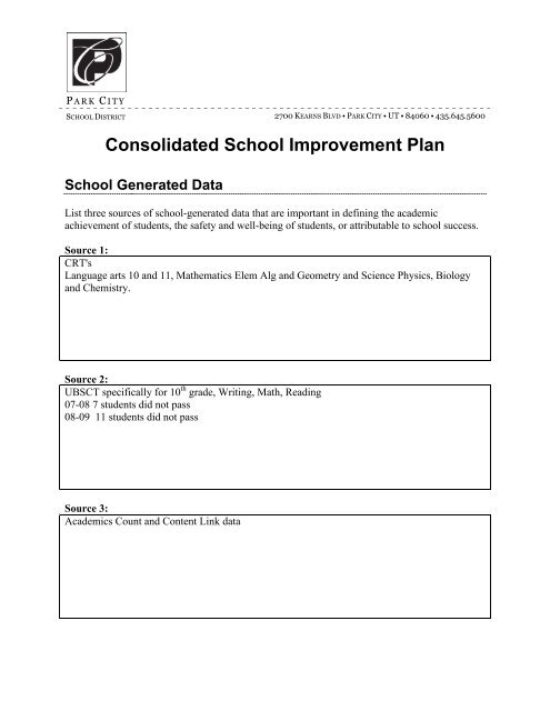 Consolidated School Improvement Plan - Park City High School ...