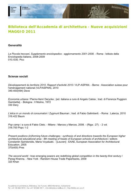 Nuove acquisizioni MAGGIO 2011 - Biblioteca dell'Accademia di ...