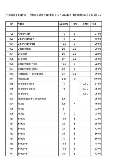 Preisliste Sophie + Fredi Benz Töpferei 3177 Laupen ... - Farb-Ton