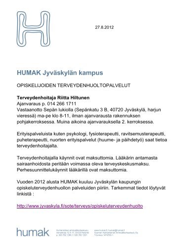 Opiskeluterveydenhuollon palvelut ja yhteystiedot - Humanistinen ...