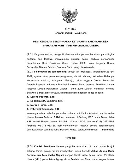 PUTUSAN NOMOR 53/PHPU.A-VII/2009 DEMI KEADILAN ...