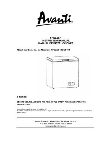 freezer instruction manual manual de instrucciones - Avanti Products