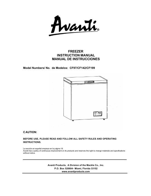 freezer instruction manual manual de instrucciones - Avanti Products