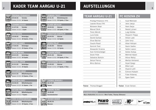 Team Aargau U-21 FC Kosova Zürich MATCHFLYER - FC Aarau