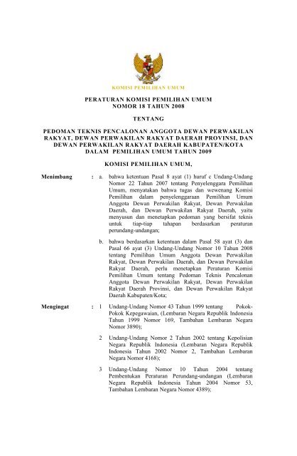 PERATURAN KOMISI PEMILIHAN UMUM NOMOR 18 TAHUN 2008 ...